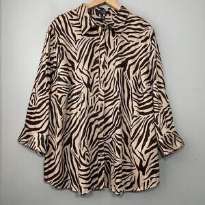 Chaps Button Up Plus Size 3X Brown Animal Tiger Print Mobwife Chic Office Siren